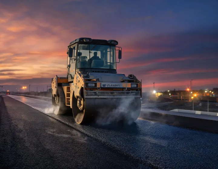Dynapac tandem vibratory roller compacting fresh asphalt mat on highway